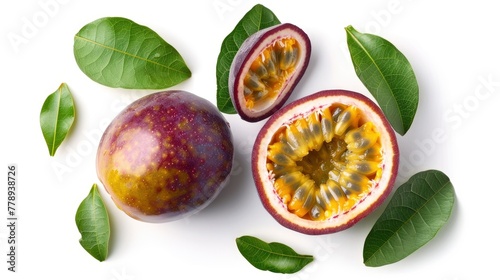 Kohana passion fruit cut in half, showing the vibrant yellow and purple center with deep red patterns, set against a white background, captured from an overhead perspective