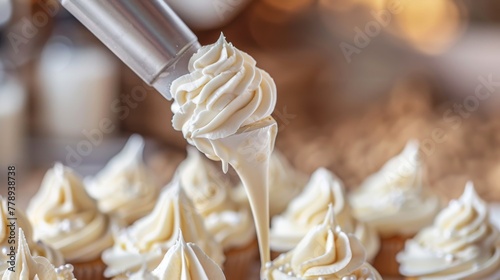 Cupcakes decorated with whipped cream, close-up, selective focus photo