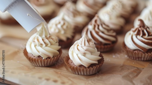 Chocolate cupcakes with whipped cream on parchment paper, selective focus photo