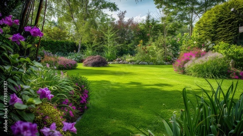 Embracing Spring's Beauty A Stunning Well-Kept Garden with Lush Green Lawn Enhancing the Vibrancy of Blooming Flowers in the Mix Border 