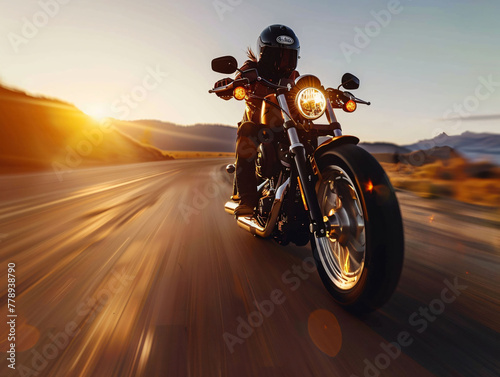 Motorcyclist in motion on open road at sunset, embodying freedom and adventure in travel © hyunwoo