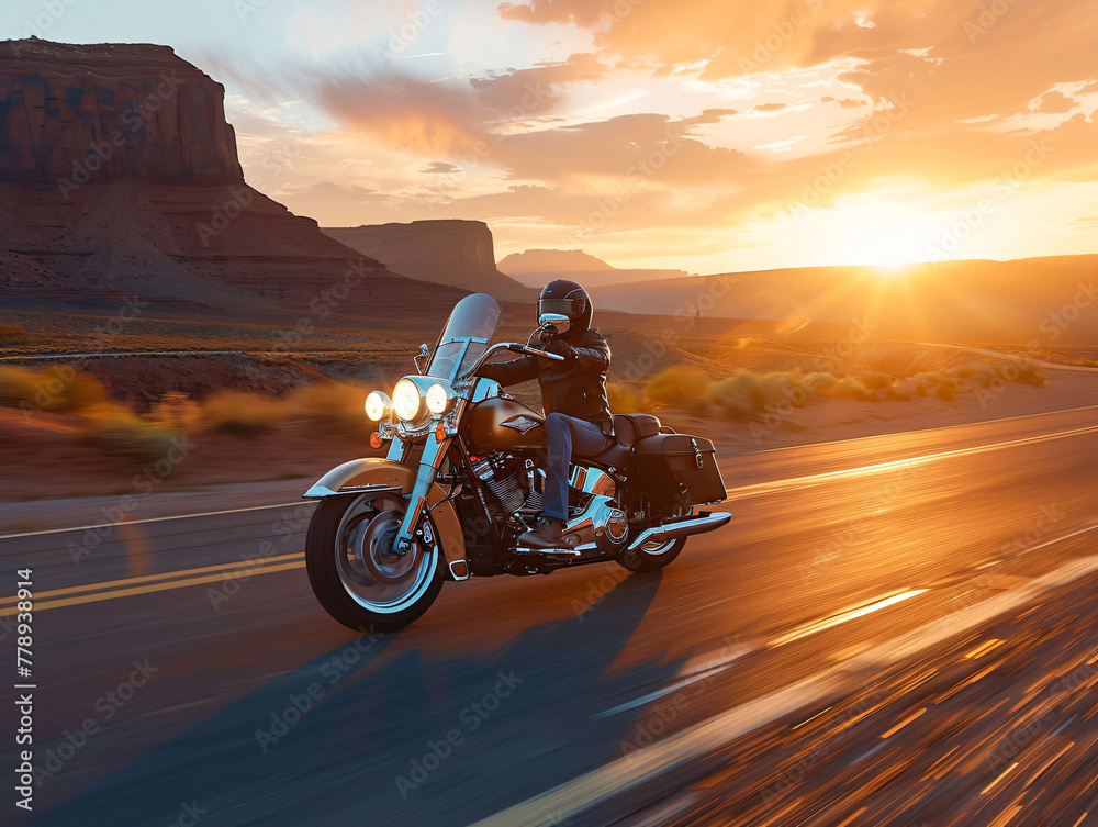 Motorcyclist in motion on open road at sunset, embodying freedom and adventure in travel Motorcyclist in motion on open road at sunset, embodying freedom and adventure in travel