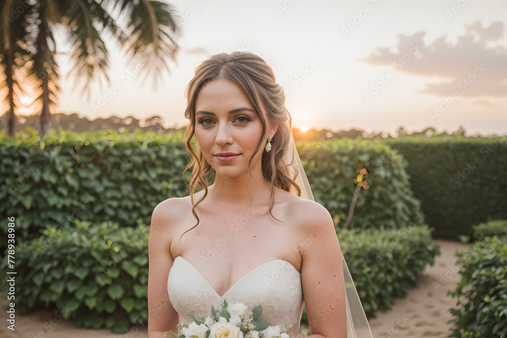 Bride wedding at the garden. Sunset.