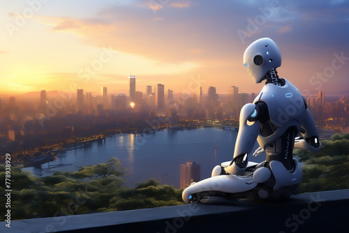 A robot is sitting on a ledge overlooking a city