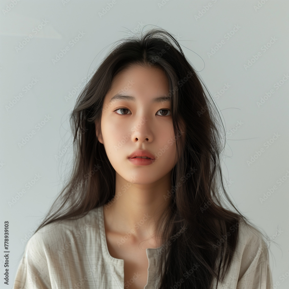 Simple medium-straight hair, light hemp color, even light and shadow, Korean model, wearing fashionable summer clothes, looking frontally at the camera, full-color picture, white solid color backgroun Simple medium-straight hair, light hemp color, even light and shadow, Korean model, wearing fashionable summer clothes, looking frontally at the camera, full-color picture, white solid color backgroun