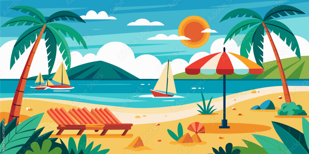 Hand drawn Vector illustration. Summer beach set. Beach chairs, wooden deck chair, sun umbrella, picnic basket, sunbed. Vacation, relax, holiday concept