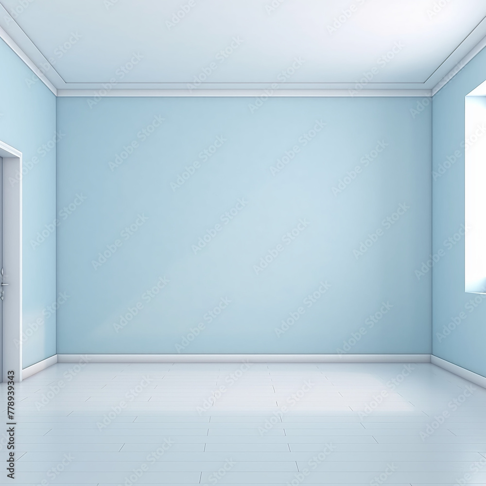 Light blue empty room with sunlight from the window in modern interior design