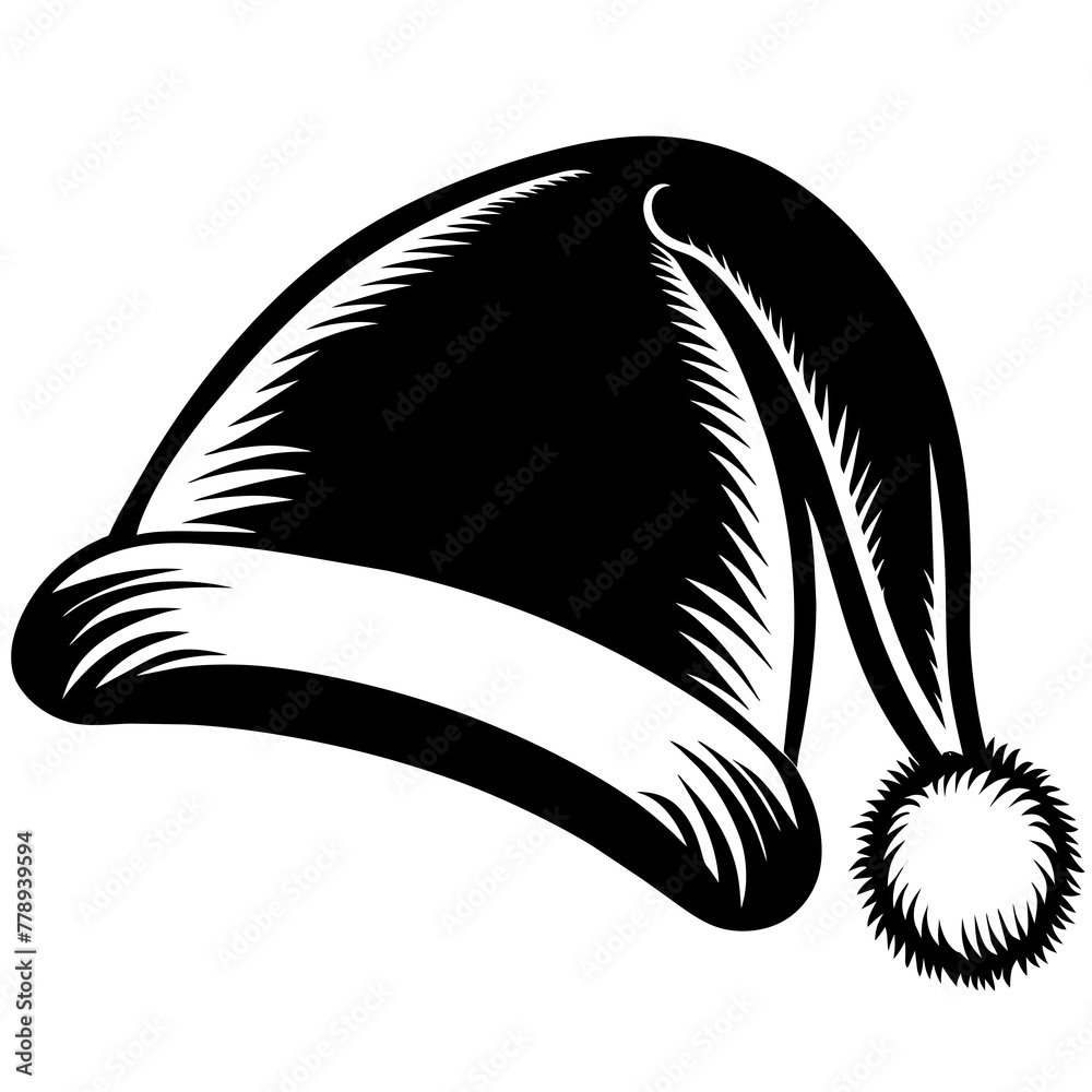 Obraz premium illustration of a cap, black santa cap silhouette vector illustration,icon,svg,cap characters,Holiday t shirt,Hand drawn trendy Vector illustration,christmas cap on black background