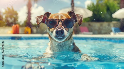 Joyful Dog with Glasses Relaxing in Pool A Whimsical Representation of Tourism and Vacation Vibes, Perfect for Summer Getaways  © Didikidiw61447