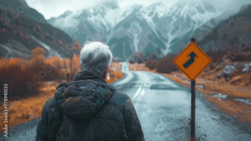 Navigating Uncertainty Elderly Person Contemplating Road Sign, Reflecting Decision-Making Challenges in Dementia 
