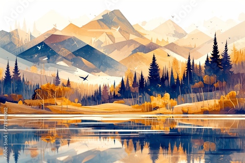 illustration of an autumn mountain landscape with trees and a lake, using watercolor for softness. 