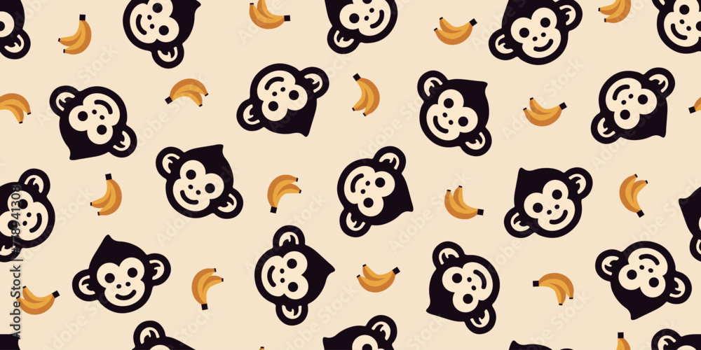 Seamless pattern of monkey and banana.Background material.Vector.猿とバナナのパターン　背景素材