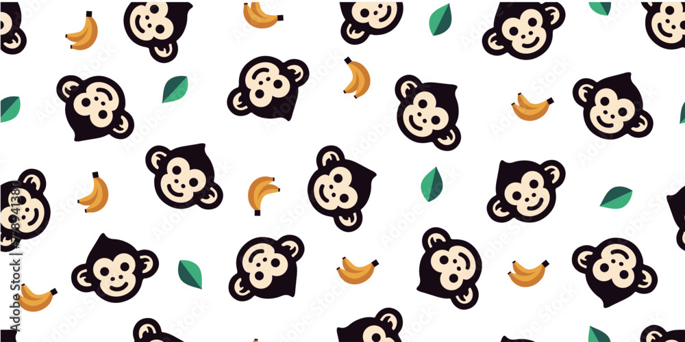 Seamless pattern of monkey and banana.Background material.Vector.猿とバナナのパターン　背景素材