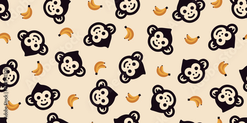 Seamless pattern of monkey and banana.Background material.Vector.猿とバナナのパターン　背景素材