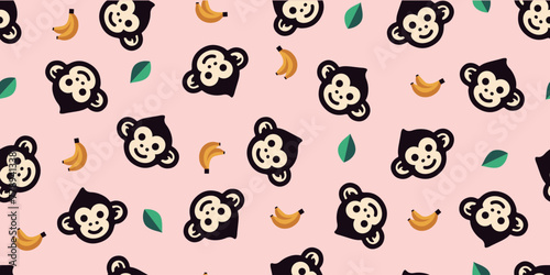 Seamless pattern of monkey and banana.Background material.Vector.猿とバナナのパターン 背景素材