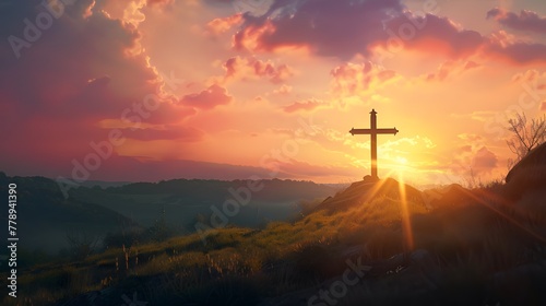 Cross majestically perched on hill, framed by stunning golden sunset