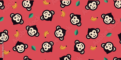 Seamless pattern of monkey and banana.Background material.Vector.猿とバナナのパターン　背景素材