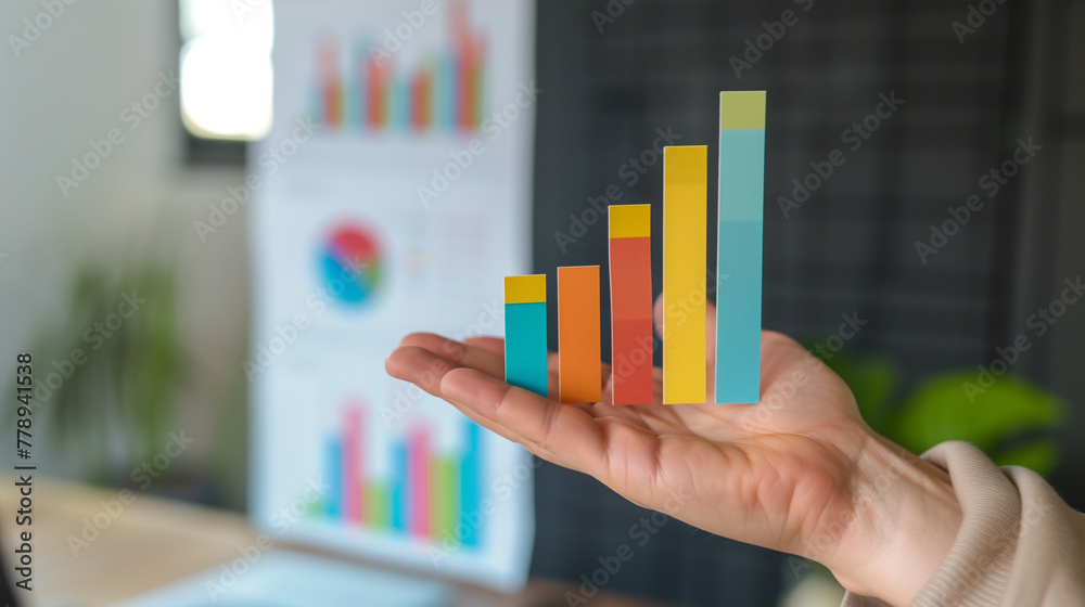 Hand Holding a Rising Column Chart - Financial Growth and Investment Success Visualization. Hand Holding a Rising Column Chart - Financial Growth and Investment Success Visualization.