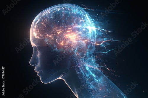 a profile view of the human head with glowing brain in space. It has dark background and light shining on it, showing neural connections inside its transparent skull. 