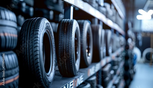 Car Tires on Display in Tire Shop, Automotive Selection, Blurred Background