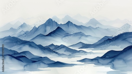 Painting of a mountain range towering over a tranquil lake