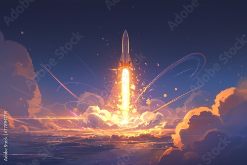 A rocket is launching, with colorful smoke and light effects around it. 