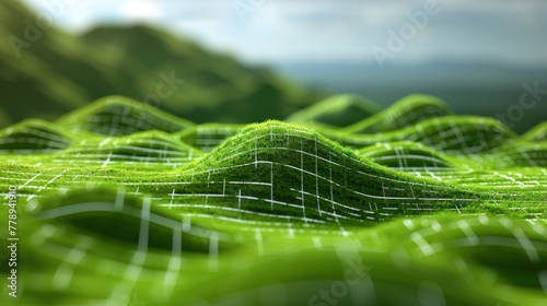 View of a computer-generated green mountain landscape © Tetiana