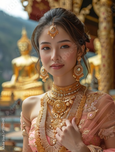 A beautiful Thai model dons a traditional Thai outfit with elegance and grace, Generated by AI