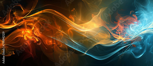 A colorful  abstract image of flames and smoke with a blue and orange line. Generated by AI