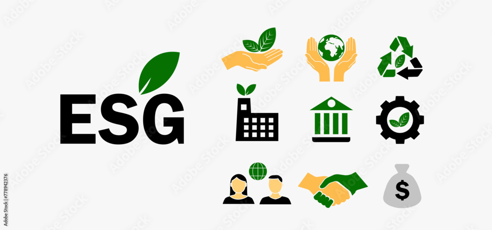 ESG icon concept for environment, society and governance in sustainable business and green business. on a gray background ESG icon concept for environment, society and governance in sustainable business and green business. on a gray background