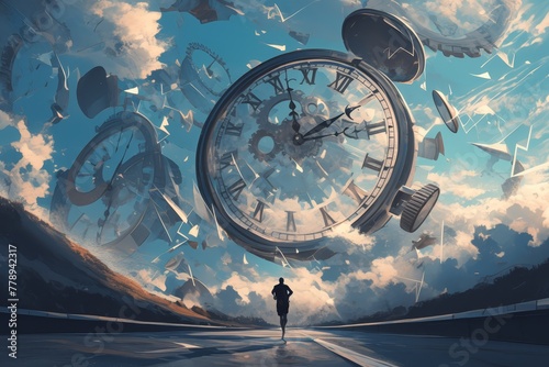 A runner running towards the clock, time is flying away from him, he has to catch up with his past self and run fast on an empty road. In front of them there's huge giant clock
