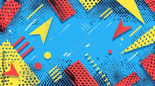 Blue background with abstract yellow and red shapes creating a vibrant composition