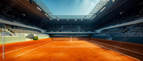 Professional tennis court, stadion, arena with dramatic steam or smoke. Sport lifestyle background. Copy space. Mockup or banner for sports competitions. Generative ai
