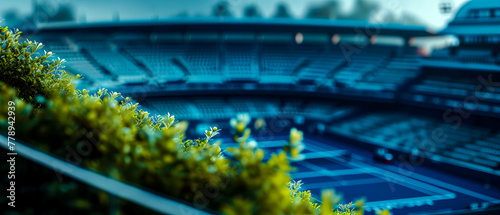 Professional tennis cort, stadion, arena. An aerial view. 3d scene. Sport lifestyle background. Copy space. Top view. Mockup or banner for sports competitions. Generative ai