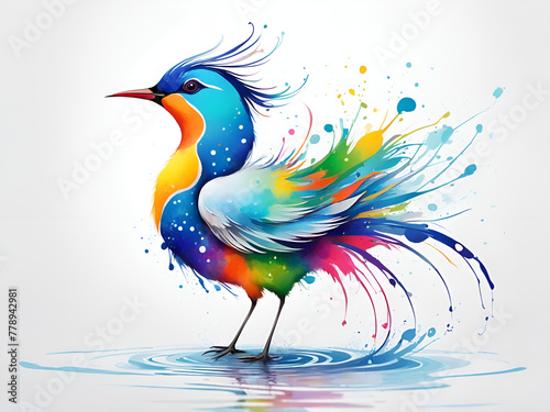 A bird composed of colored particles and lines, bird of paradise posing in various postures in colorful water, and an abstract painting composed of colored line backgrounds