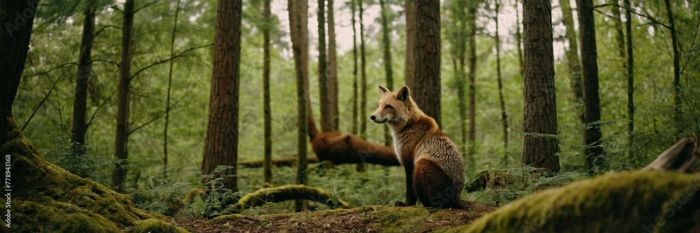 Naklejka premium Title: Brown bear in the woods, big wild animal in the lush green forest. walking and sitting in the jungle. made with generative AI technology.