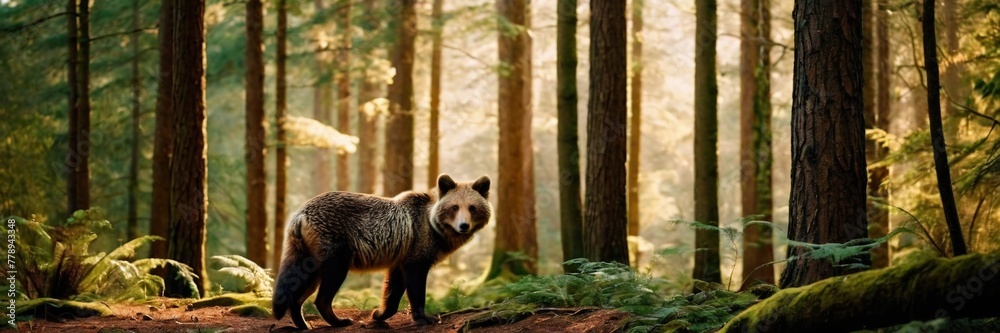 Brown bear in the woods, big wild animal in the lush green forest. walking and sitting in the jungle. made with generative AI technology. Brown bear in the woods, big wild animal in the lush green forest. walking and sitting in the jungle. made with generative AI technology.