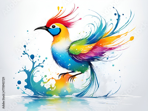 A bird composed of colored particles and lines    bird of paradise posing in various postures in colorful water  and an abstract painting composed of colored line backgrounds