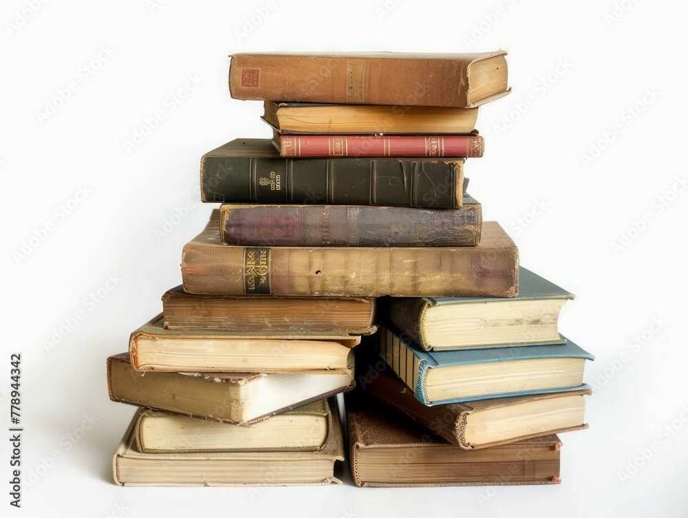 A stack of old books with a white background. The books are of different sizes and colors. The stack is piled high, with the bottom books being the largest and the top books being the smallest A stack of old books with a white background. The books are of different sizes and colors. The stack is piled high, with the bottom books being the largest and the top books being the smallest