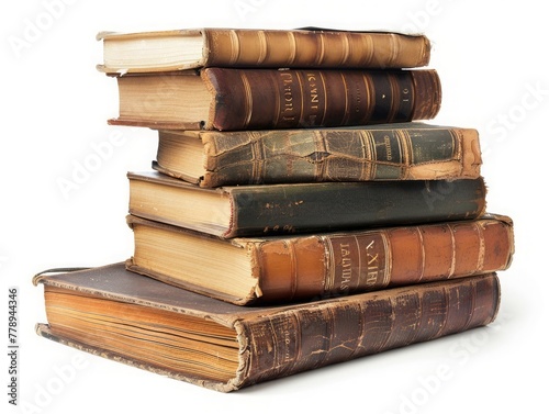 A stack of old books. The books are worn and tattered, with pages that are yellowed and frayed. The stack is piled high