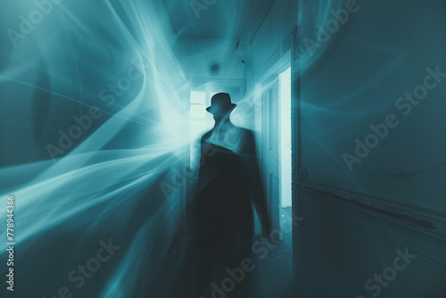 The hat man ominous silhouette of a man wearing a top hat in the room. Paranormal sleep paralysis shadow man ghost figure. photo