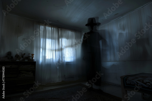 The hat man ominous silhouette of a man wearing a top hat in the room. Paranormal sleep paralysis shadow man ghost figure.
