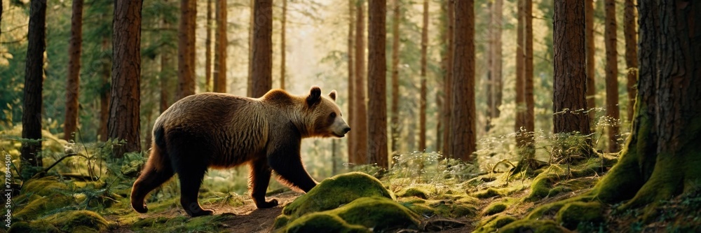 Obraz premium Brown bear in the woods, big wild animal in the lush green forest. walking and sitting in the jungle. made with generative AI technology. 