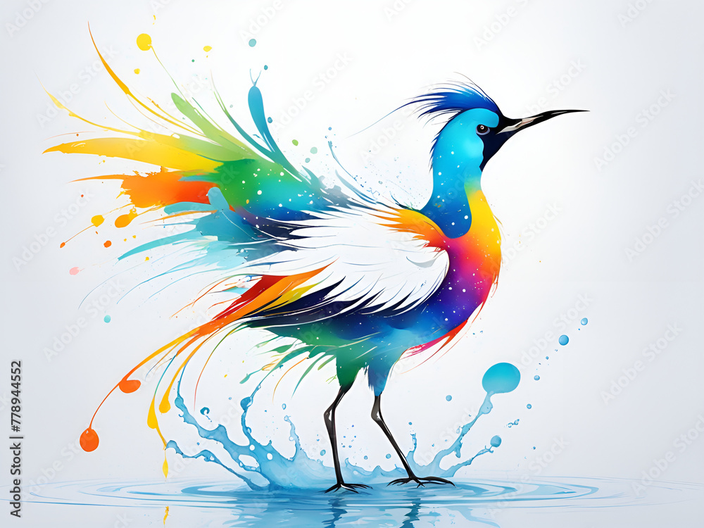 A bird composed of colored particles and lines, bird of paradise posing in various postures in colorful water, and an abstract painting composed of colored line backgrounds A bird composed of colored particles and lines, bird of paradise posing in various postures in colorful water, and an abstract painting composed of colored line backgrounds
