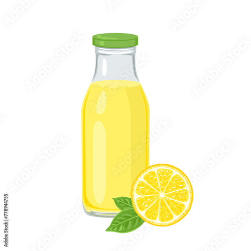 Lemon juice in bottle and citrus slice isolated on white background. Vector cartoon illustration of fresh healthy drink.