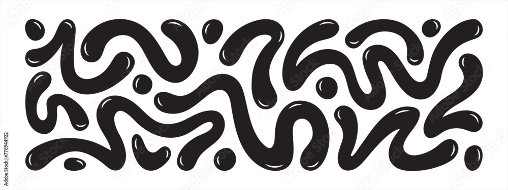 Liquid, organic blobs, y2k style squiggles, groovy doodle wavy stripes inscribed in a rectangle long banner shape. Bold scribbles, lines. Black fluid graphic design element, text background, header.