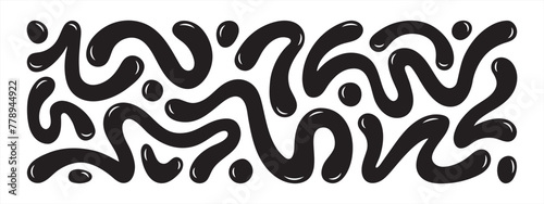 Liquid, organic blobs, y2k style squiggles, groovy doodle wavy stripes inscribed in a rectangle long banner shape. Bold scribbles, lines. Black fluid graphic design element, text background, header. photo