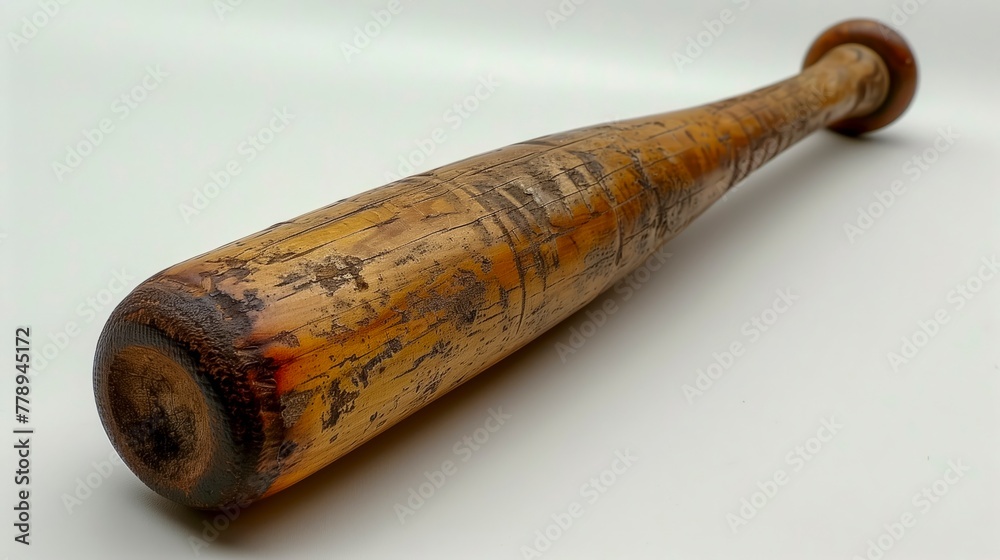 Wooden baseball bat with a black tip. The bat is old and worn, with a few scratches and dents. Scene is nostalgic and somewhat melancholic, as the old bat seems to have seen better days