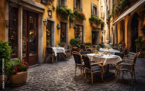 Quaint cafe terrace on a cobbled street in Europe, tables set for breakfast with a view of the historic city