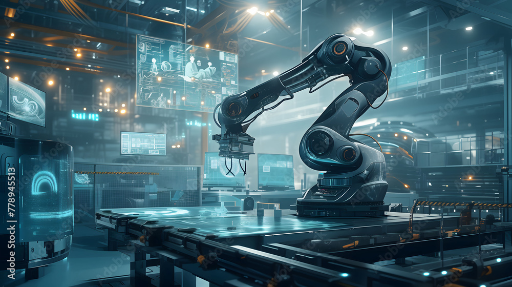 Robotic arm in futuristic assembly manufacturing factory